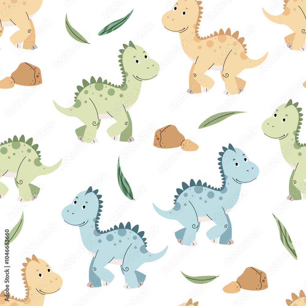 Obraz premium Seamless pattern with cute dinosaurs in flat style. Repeating background with baby dinosaur and leaves. Childish background for fabric, wallpaper, wrapping paper, scrapbooking, etc