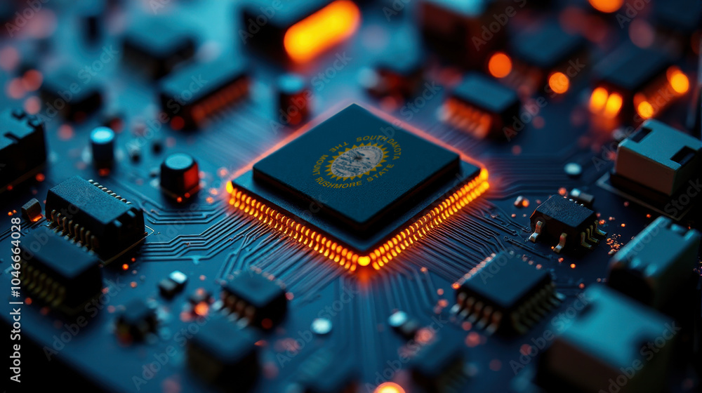 A microprocessor with the South Dakota flag is embedded on a circuit board, highlighted by glowing lights, showcasing influence in global semiconductor and computing technology. A microprocessor with the South Dakota flag is embedded on a circuit board, highlighted by glowing lights, showcasing influence in global semiconductor and computing technology.