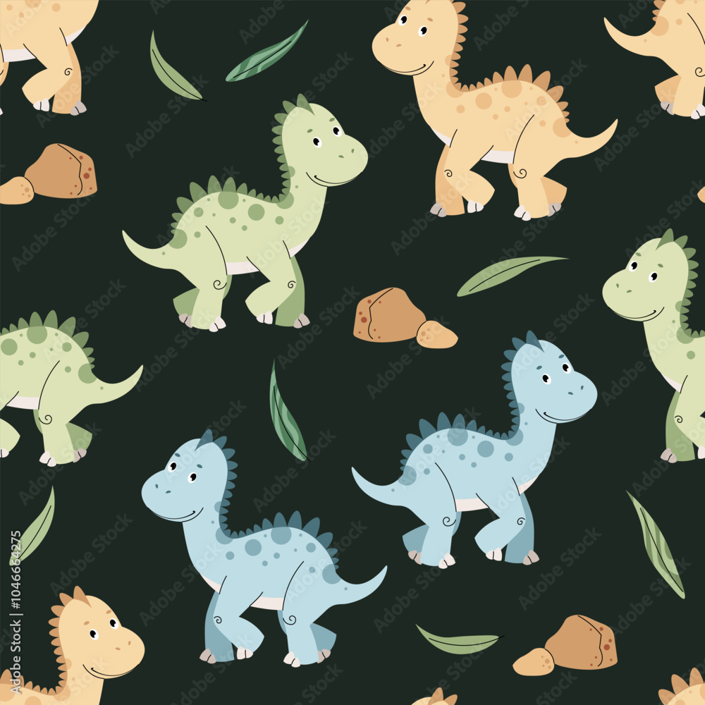 Obraz premium Seamless pattern with cute dinosaurs in flat style. Repeating background with baby dinosaur and leaves. Childish background for fabric, wallpaper, wrapping paper, scrapbooking, etc