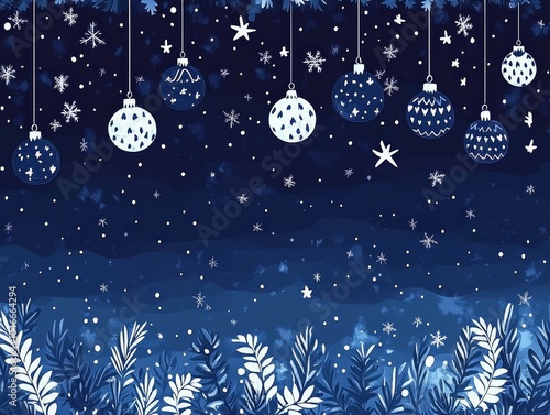 Decorative blue winter scene with hanging ornaments and snowflakes amidst lush foliage at night