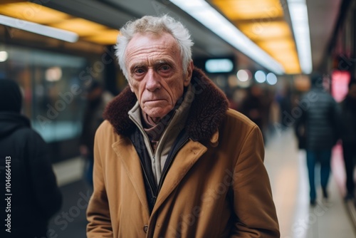 Portrait of an elderly man with grey hair in a beige coat in the subway.