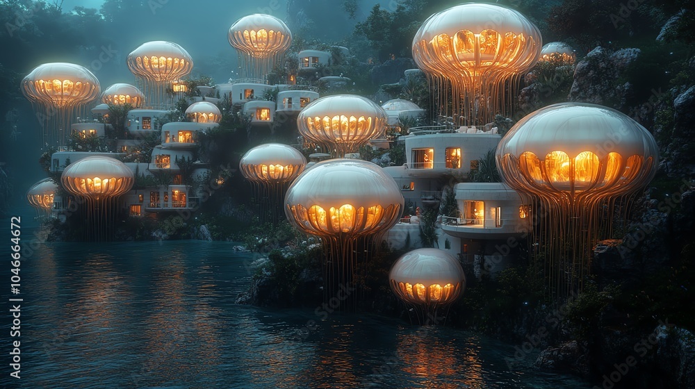 Futuristic floating homes over serene water Futuristic floating homes over serene water
