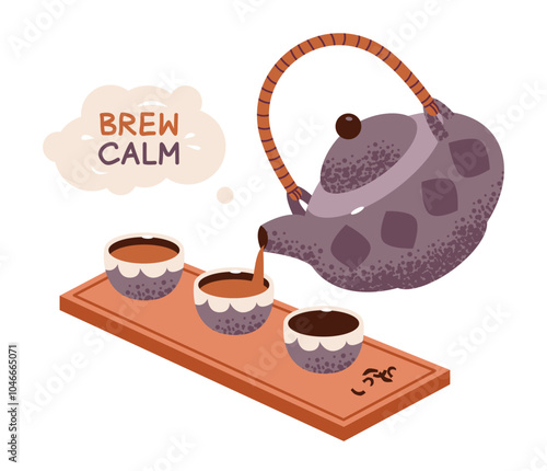 A teapot with mugs of tea and the slogan “brew calm.” Traditional tea drinking. Flat vector illustration isolated on white background