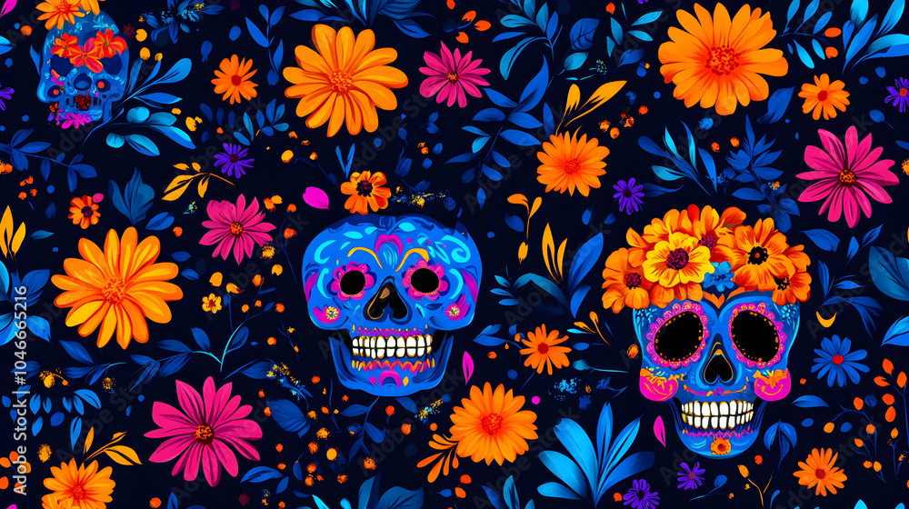 Mexican colorful sugar skull makeup pattern. Traditional calaca heads for Day of dead celebration. Dia de los muertos Traditional Mexican carnival style Santa Muerte concept Mexican colorful sugar skull makeup pattern. Traditional calaca heads for Day of dead celebration. Dia de los muertos Traditional Mexican carnival style Santa Muerte concept