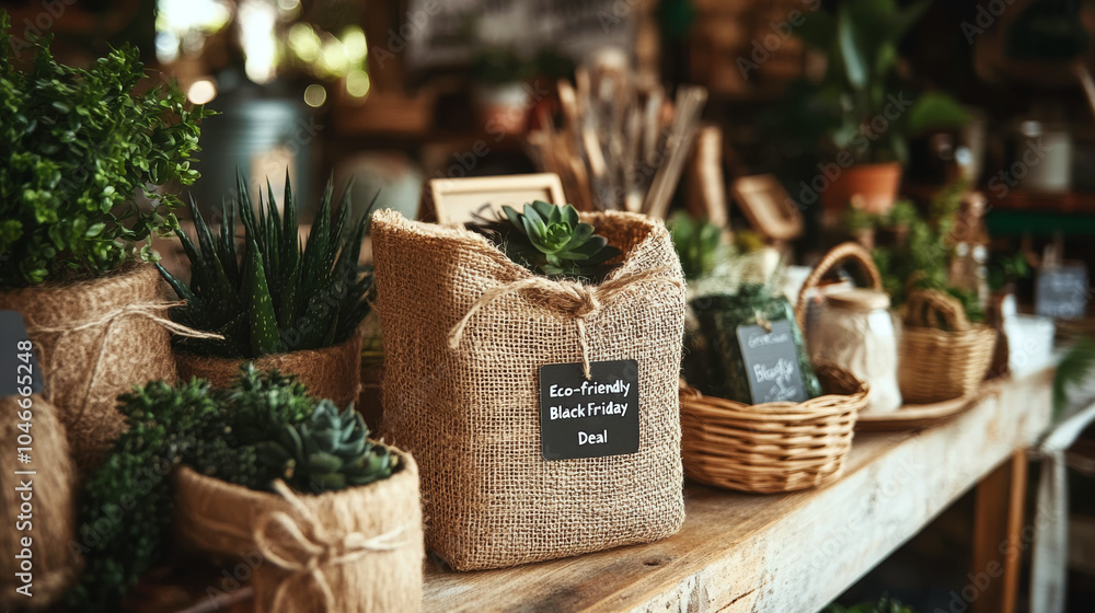 Plants in burlap and wicker pots are displayed on a wooden counter in a cozy shop. Concept of eco-friendly shopping and sustainable gift ideas. For eco-conscious home decor inspiration Plants in burlap and wicker pots are displayed on a wooden counter in a cozy shop. Concept of eco-friendly shopping and sustainable gift ideas. For eco-conscious home decor inspiration
