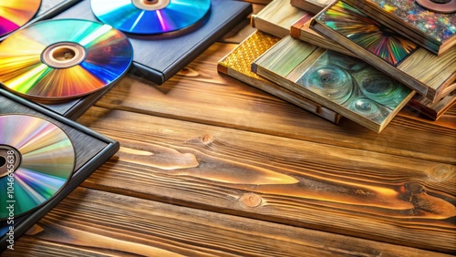 Stunning Drone Photography of DVD and CD Cases Arranged Artistically on a Table, Showcasing Their Designs and Colors in a Unique Perspective photo