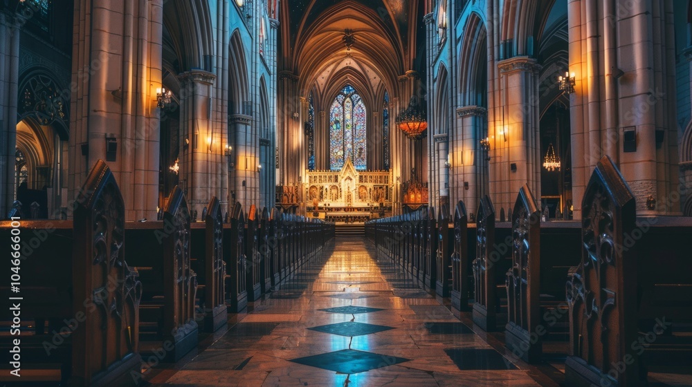 Fototapeta premium Evening Illuminations of a City Cathedral, warm light spilling through open doors, highlighting intricate architecture, inviting ambiance, peaceful atmosphere during a service