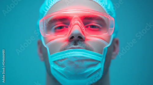 Close-up of a healthcare professional wearing protective eyewear and a surgical mask, highlighted by dramatic lighting for impactful effect.