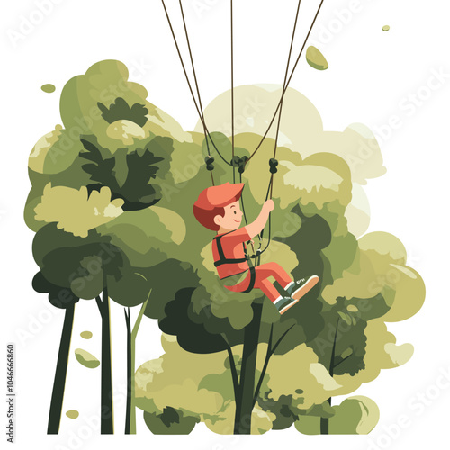 A boy riding a zipline through the trees