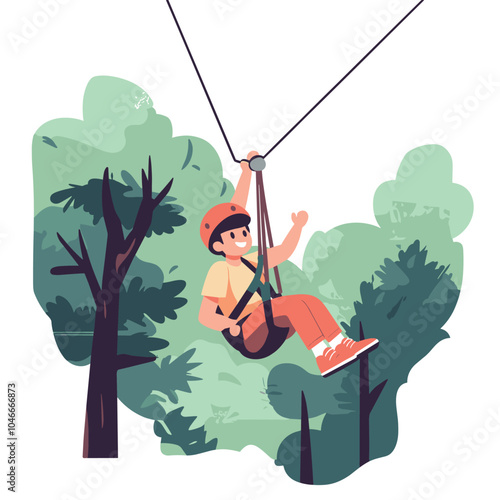 A boy riding a zipline through the trees