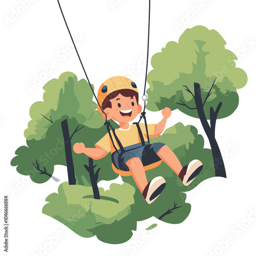 A boy riding a zipline through the trees