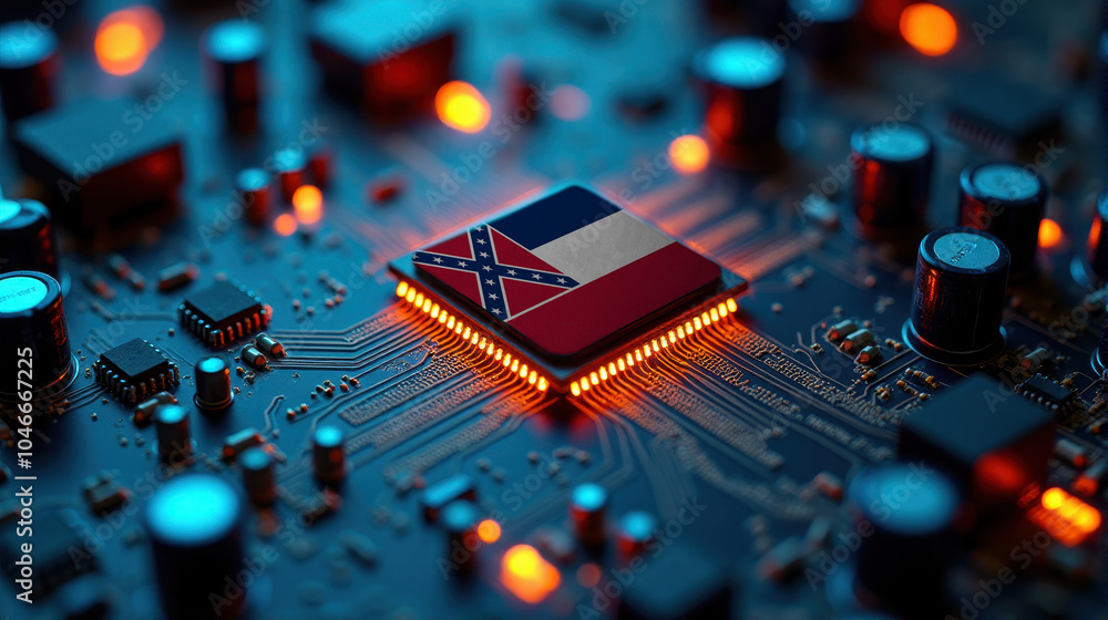 A Mississippi flagged microchip is centered on a circuit board, surrounded by illuminated components, symbolizing role in semiconductor innovation and technology leadership. A Mississippi flagged microchip is centered on a circuit board, surrounded by illuminated components, symbolizing role in semiconductor innovation and technology leadership.