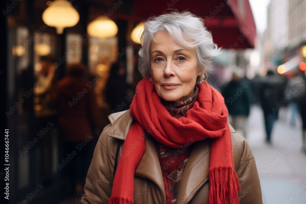 Portrait of a senior woman with red scarf on the street. Portrait of a senior woman with red scarf on the street.