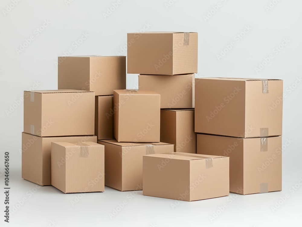 Fototapeta premium A collection of stacked cardboard boxes arranged in various sizes, preparing for storage or shipping in an indoor setting