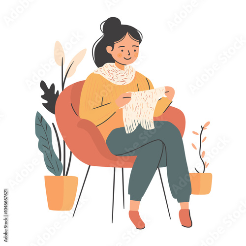 A woman sitting in a chair, knitting a scarf