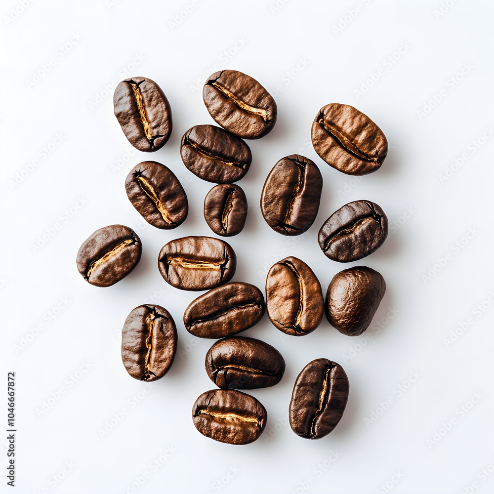 Close-up of roasted coffee beans arranged on a clean white background. Close-up of roasted coffee beans arranged on a clean white background.