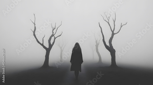 A lone woman in a cloak walks through a fog-covered path lined with barren trees, evoking emotions of solitude and mystery in the atmosphere. photo