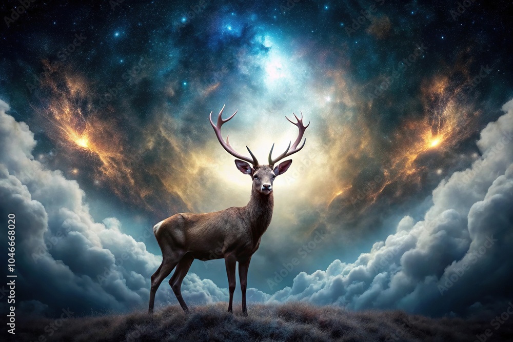 Naklejka premium surreal deer with a doom sky and dark energy