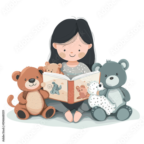 A girl reading a storybook aloud to her stuffed animals