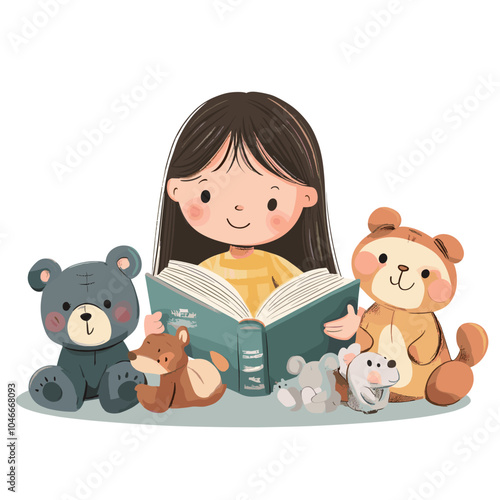 A girl reading a storybook aloud to her stuffed animals