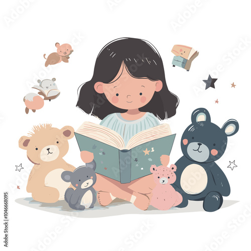 A girl reading a storybook aloud to her stuffed animals