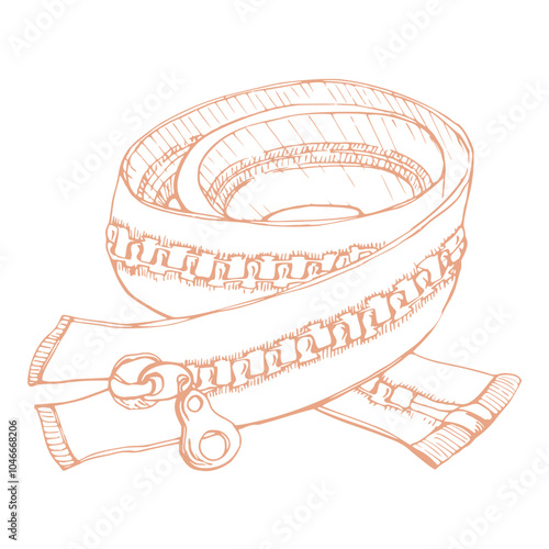 Clothing clasp fabric zippers fly fasteners. Hand drawn ink vector illustration sewing craft seamstress supplies tools. Set of objects isolated on white background. Design atelier, tailor, hobby shop