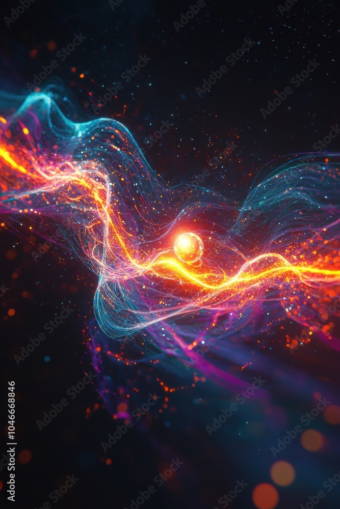Abstract depiction of quantum entanglement with colorful glowing light and particles in motion Abstract depiction of quantum entanglement with colorful glowing light and particles in motion