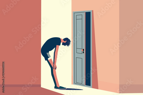 state of mind concept, panic man standing and crying alone in alley, mix feeling of pain, sad, fear, anxiety,  tired, exhausted. disappointment , flat cartoon vector