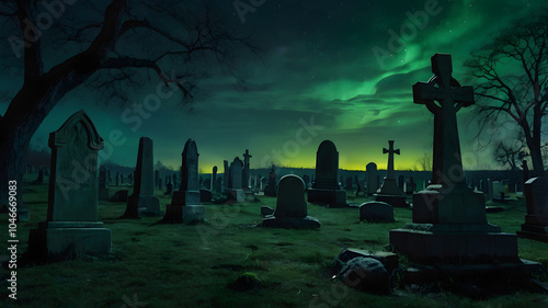 Mystical graveyard bathed in moonlight, featuring ancient tombstones and spectral figures in eerie green hues for a chilling nighttime atmosphere