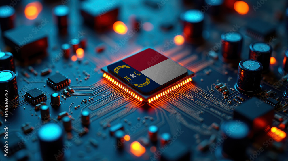 A North Carolina flagged microchip is centered on a circuit board, surrounded by illuminated components, symbolizing role in semiconductor innovation and technology leadership. A North Carolina flagged microchip is centered on a circuit board, surrounded by illuminated components, symbolizing role in semiconductor innovation and technology leadership.