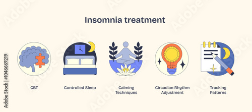 Insomnia treatment icons show brain, bed, meditation, lightbulb, and notepad. Neubrutalism style