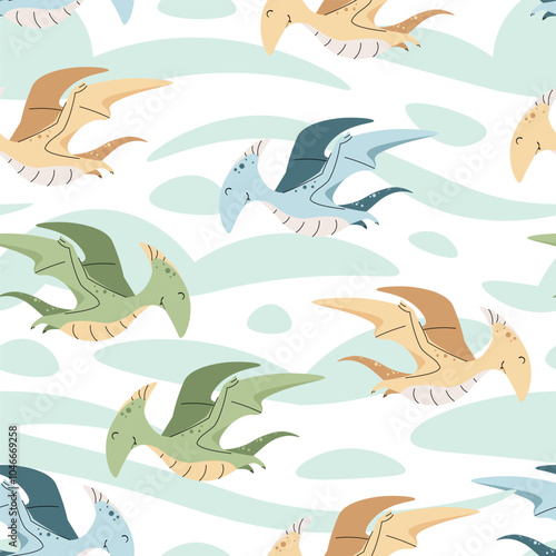 Seamless pattern with cute dinosaurs in flat style. Endless texture with flying pterodactyl on spotted background. Childish background for fabric, wallpaper, wrapping paper, scrapbooking etc