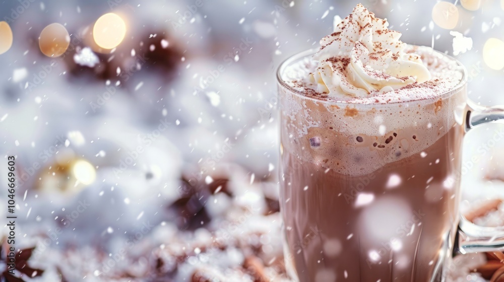 Frosty Glass of Hot Cocoa in a Snowy Setting, a cozy winter scene featuring a warm beverage surrounded by sparkling snowflakes and a chill in the air inviting comfort and warmth. Frosty Glass of Hot Cocoa in a Snowy Setting, a cozy winter scene featuring a warm beverage surrounded by sparkling snowflakes and a chill in the air inviting comfort and warmth.