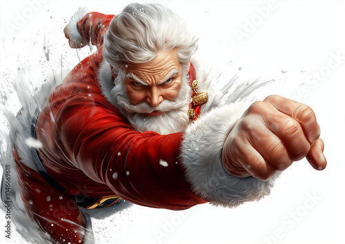 Santa Claus in Hero pose. Super Santa. Santa in action pose. Santa hero. Xmas hero. Action movie Santa.