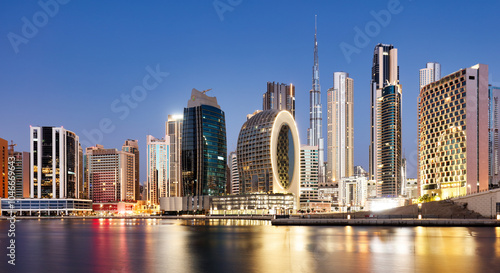 Photography Panaroma of Dubai skyline with Burj khalifa and other skyscrapers at night from