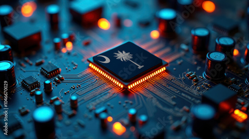 A South Carolina flagged microchip is centered on a circuit board, surrounded by illuminated components, symbolizing role in semiconductor innovation and technology leadership.