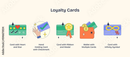 Loyalty cards with icons like heart, checkmark, and infinity symbolize rewards and benefits. Neubrutalism style