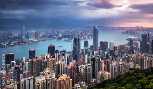 Photography Hong Kong cityscape panorama from Victoria peak, China - Asia