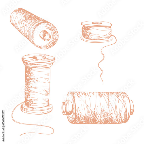 Beige thread bobbins spools skeins yarn. Hand drawn ink vector illustration sewing craft embroidery stitching supplies. Set of objects isolated on white background. Design atelier, tailor, hobby shop
