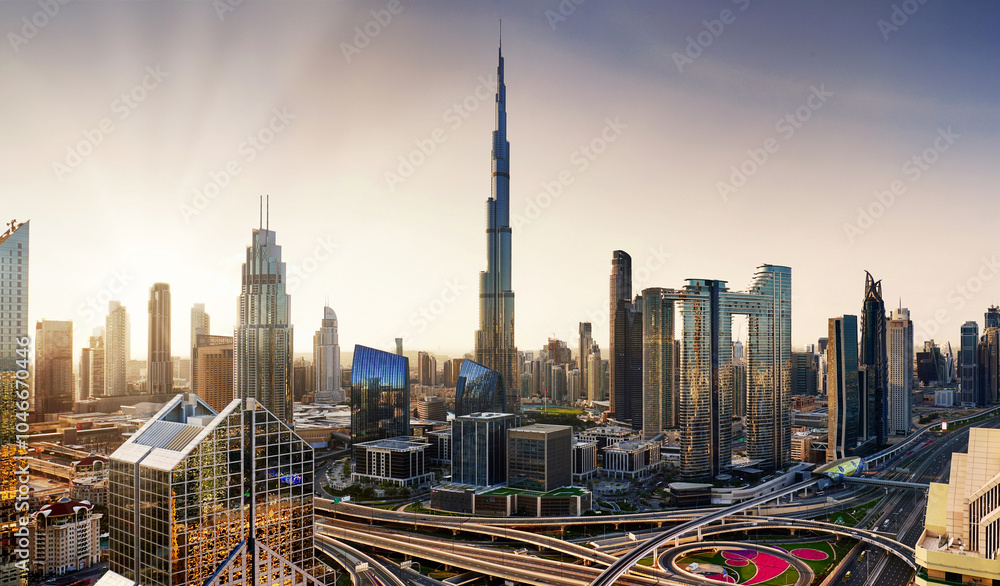 Obraz premium Dubai downtown district skyline at dramatic sunrise, United Arab Emirates - aerial view