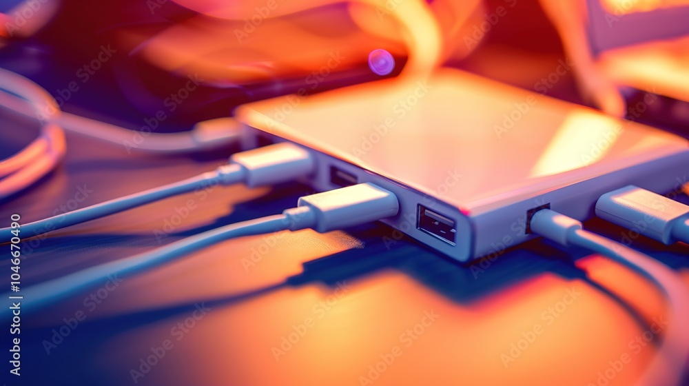 Sleek USB hub with multiple ports connected to various devices, showcasing modern design and functionality in a tech-focused setup. Sleek USB hub with multiple ports connected to various devices, showcasing modern design and functionality in a tech-focused setup.