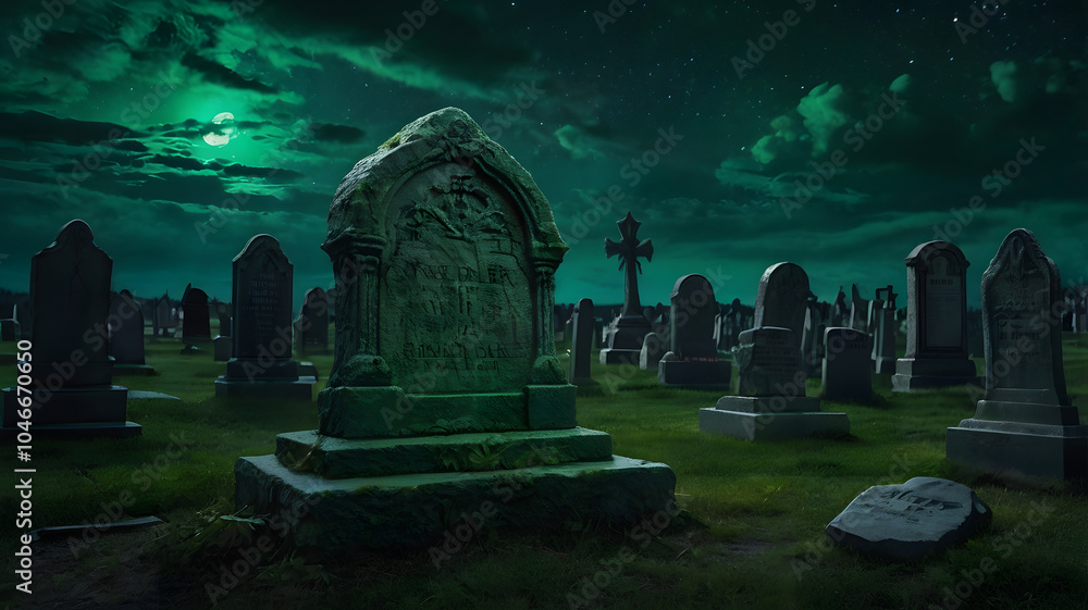 Enchanted graveyard under a moonlit sky, with ancient tombstones and ghostly apparitions in a haunting green palette, perfect for a mysterious night scene Enchanted graveyard under a moonlit sky, with ancient tombstones and ghostly apparitions in a haunting green palette, perfect for a mysterious night scene