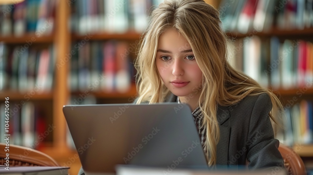 A female employee is working on a laptop in the office, with books behind her and documents around her desk A female employee is working on a laptop in the office, with books behind her and documents around her desk