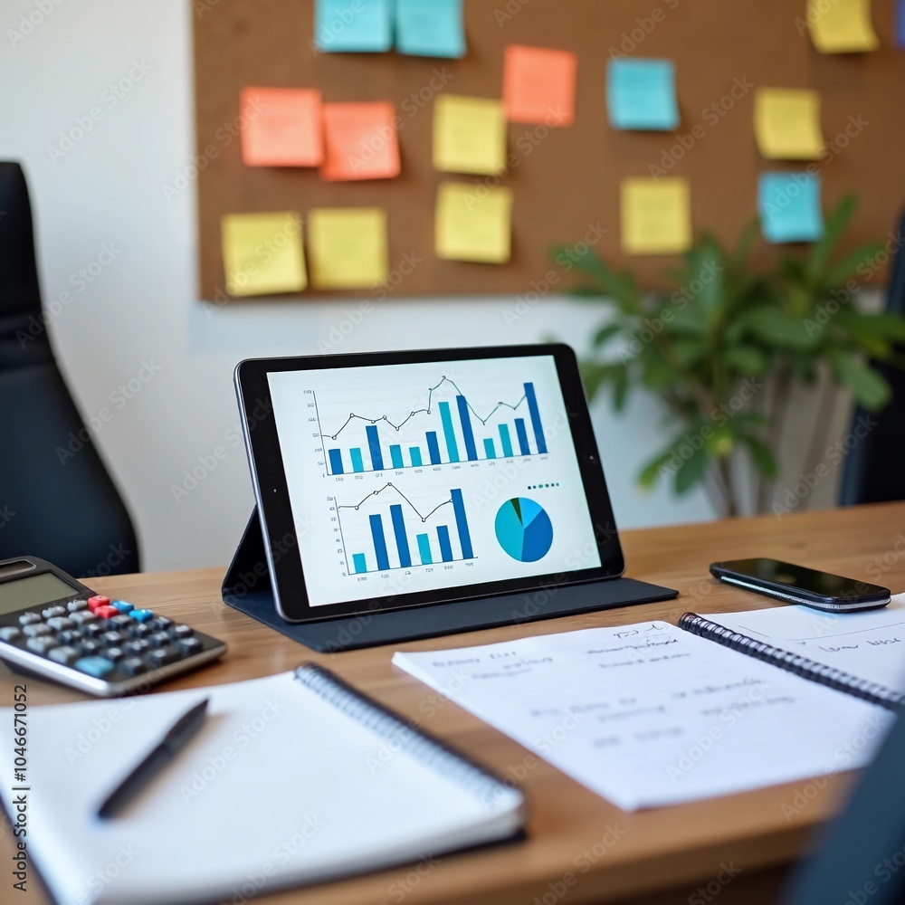 Workspace with financial tools, a desk with a tablet displaying financial charts and graphs Workspace with financial tools, a desk with a tablet displaying financial charts and graphs
