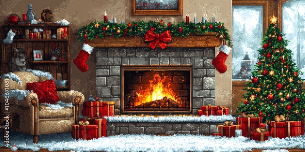 Pixel Art Christmas Living Room Scene with Tree, Gifts, Fireplace and Decorations Pixel Art Christmas Living Room Scene with Tree, Gifts, Fireplace and Decorations