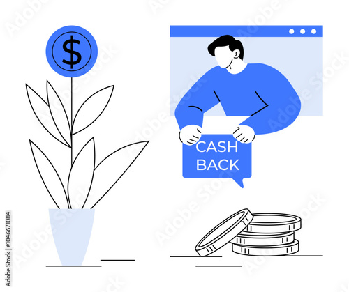 Potted plant with dollar sign, person holding Cashback, and coins. Ideal for financial growth, cashback rewards, investments savings, economics. Modern, clean, minimalist