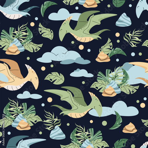 Seamless pattern with cute dinosaurs in flat style. Endless texture with flying pterodactyl with clouds and tropical plants. Childish background for fabric, wallpaper, wrapping paper, scrapbooking etc