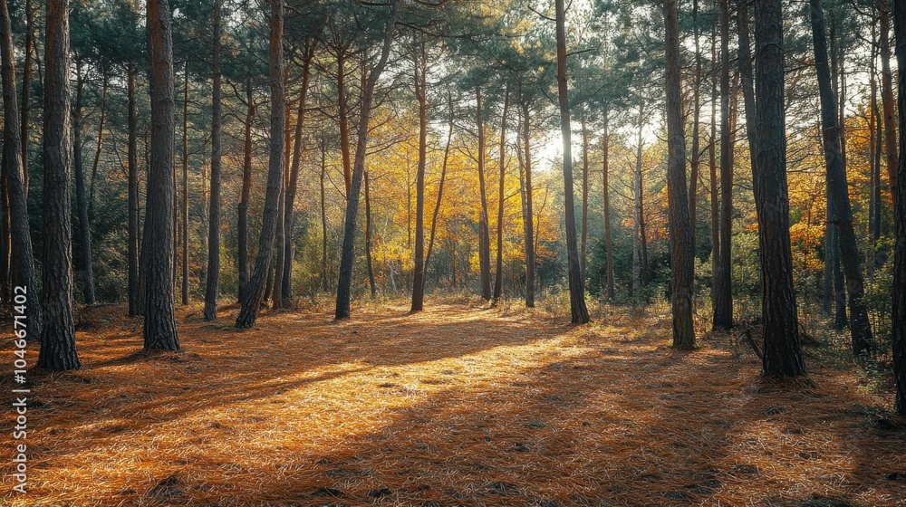 Fototapeta premium Forest glade with scattered pine needles