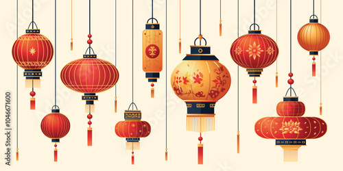 Chinese paper lantern set, group of Asian Lantern Festival and New Year decorations with ornaments. Vector illustration, sticker pack.