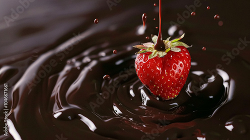 Strawberry falling into melted liquid chocolate, food dessert and confectionery industry photo